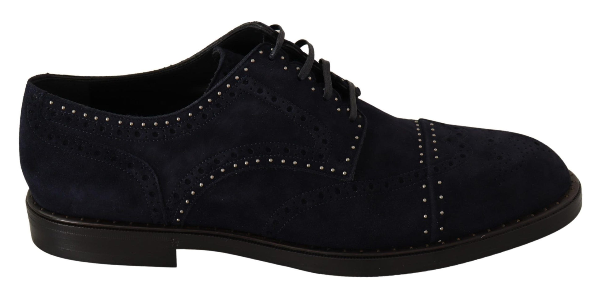 Blue men's dress shoe with laces and small studs on the toe cap