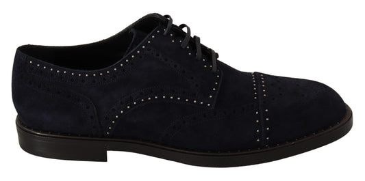 Blue men's dress shoe with laces and small studs on the toe cap