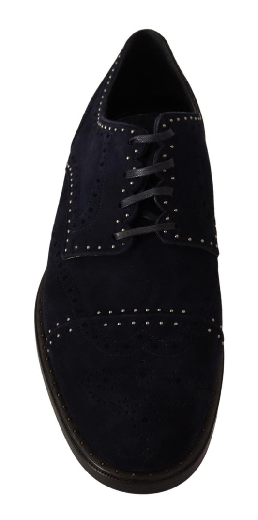 Dark blue suede dress shoe with lace closure and decorative stitching