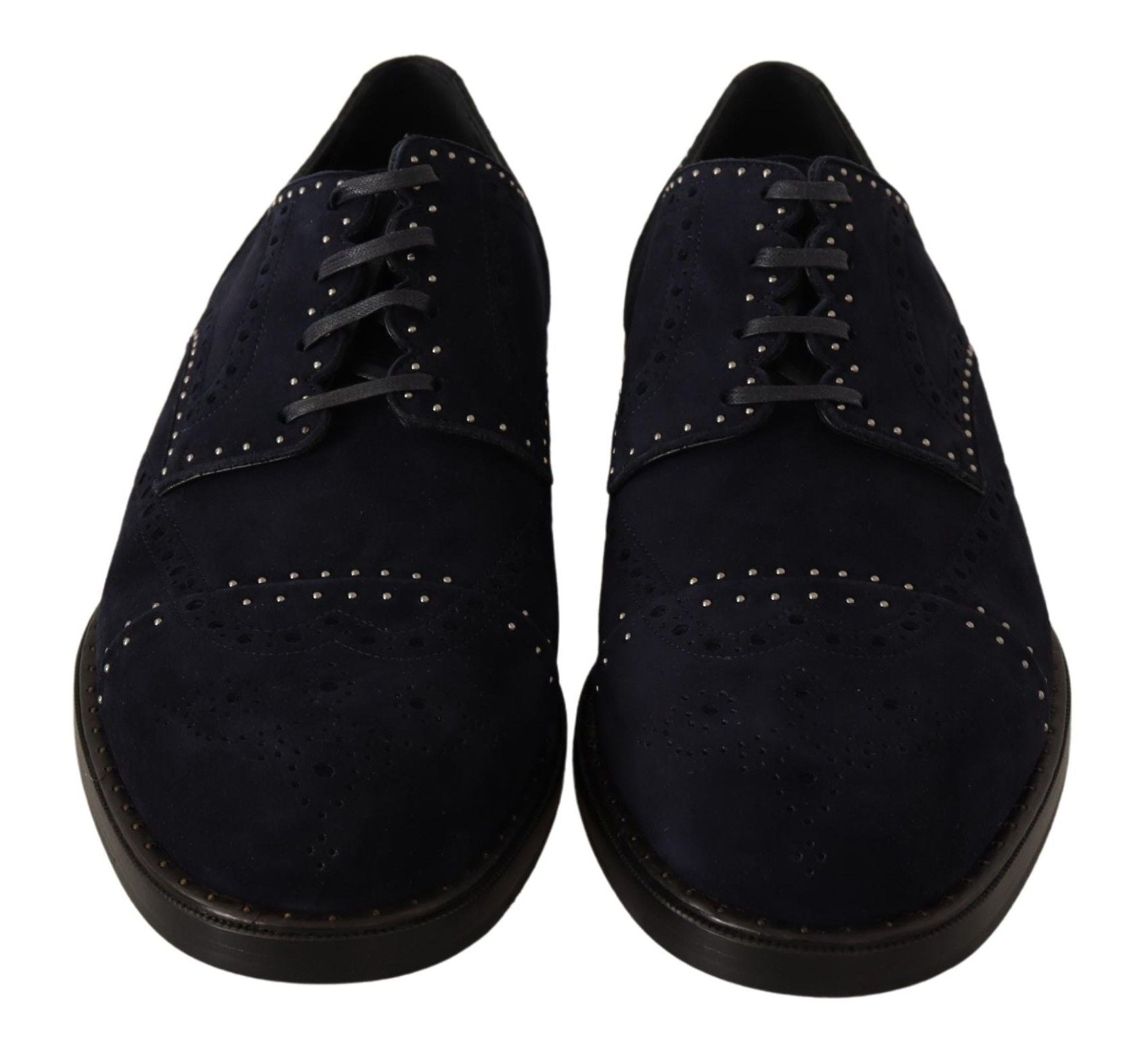 Pair of navy blue men's shoes with lace closure and embellished toe cap