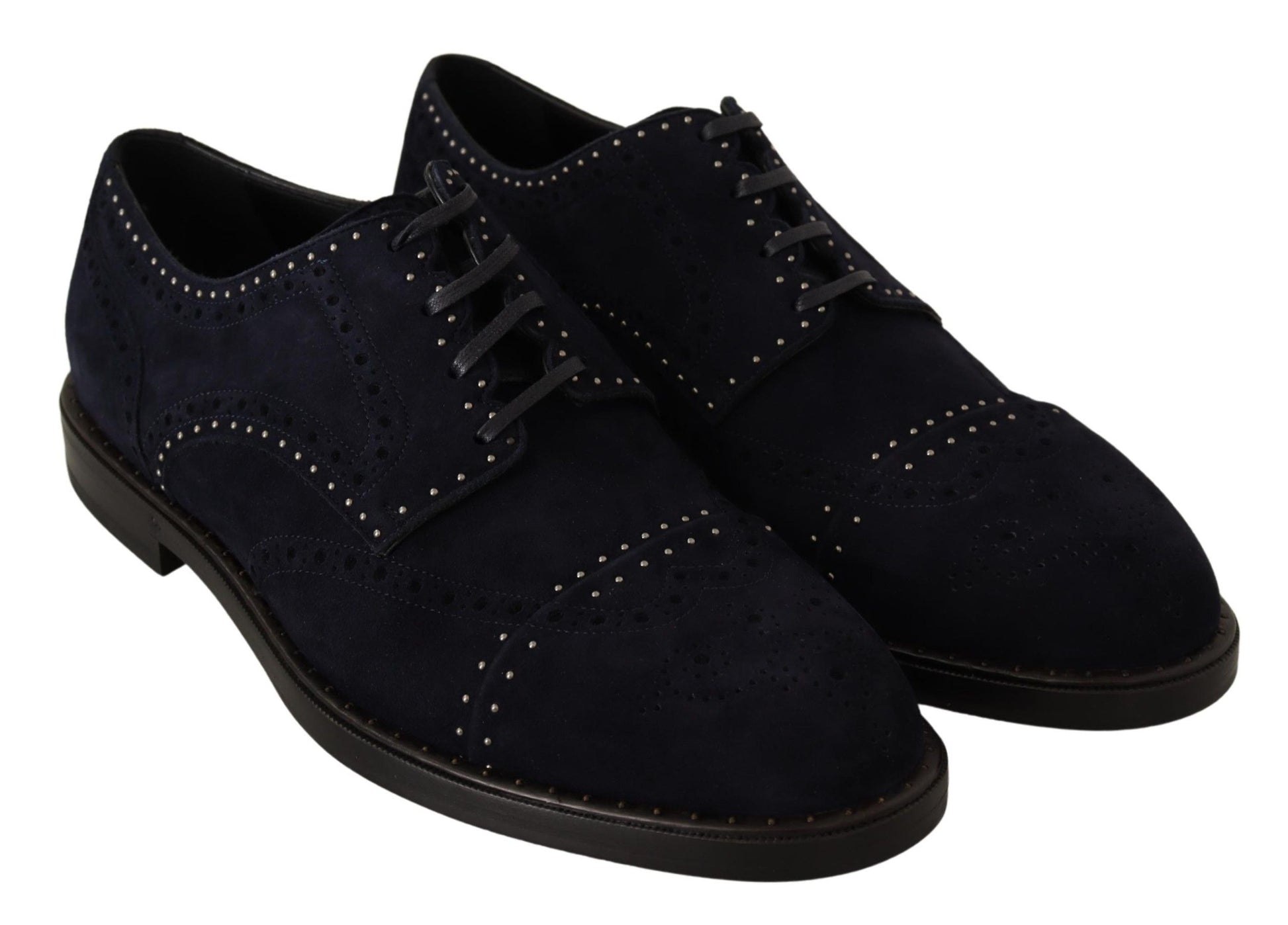Pair of men's dress shoes with laces and small studs on the toe cap