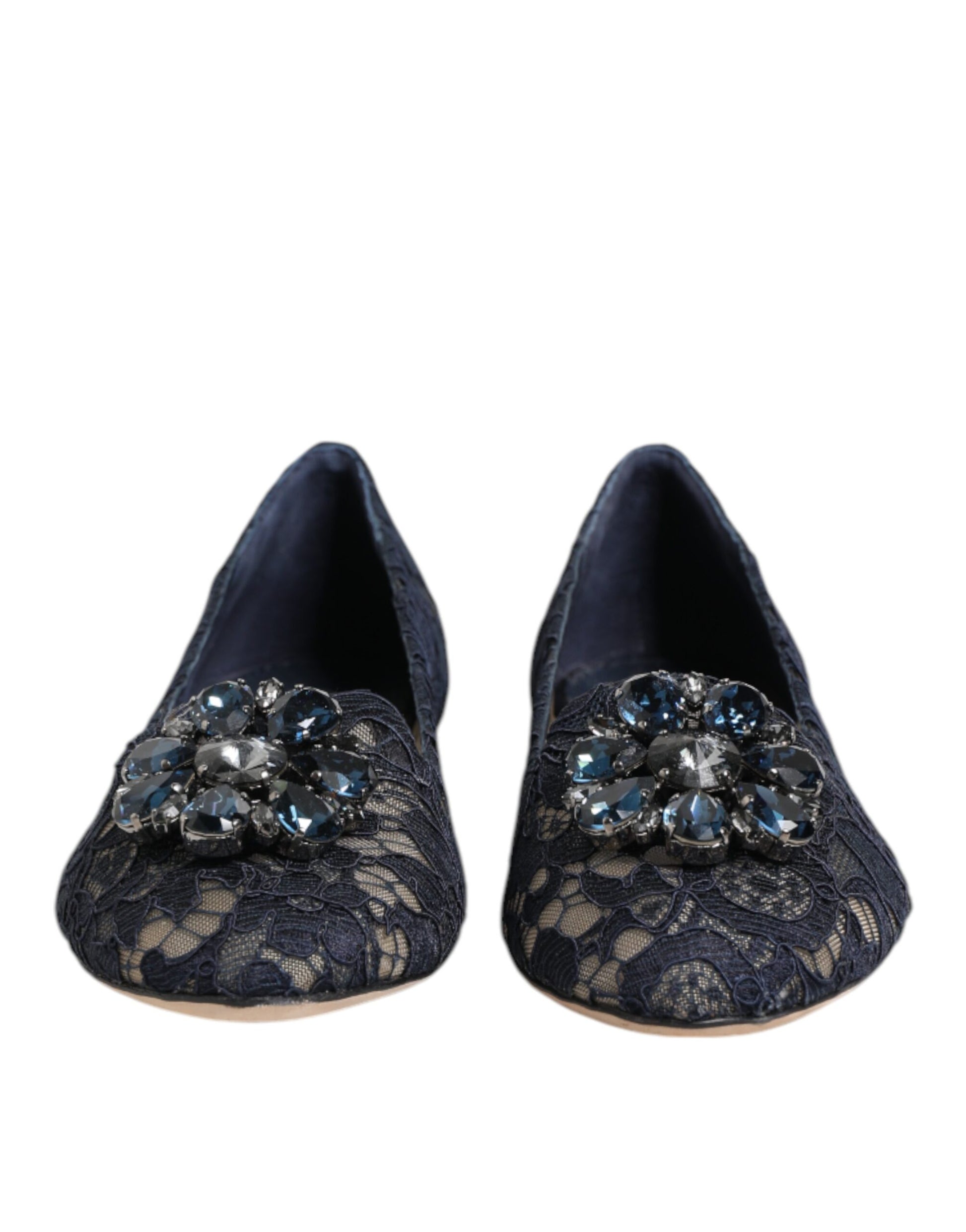 Pair of black lace shoes with blue crystal embellishments on top