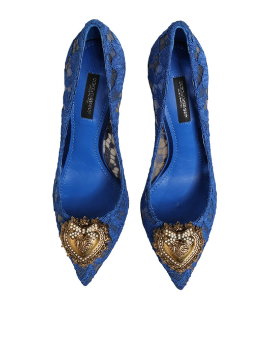 Blue high heel shoes with gold accents