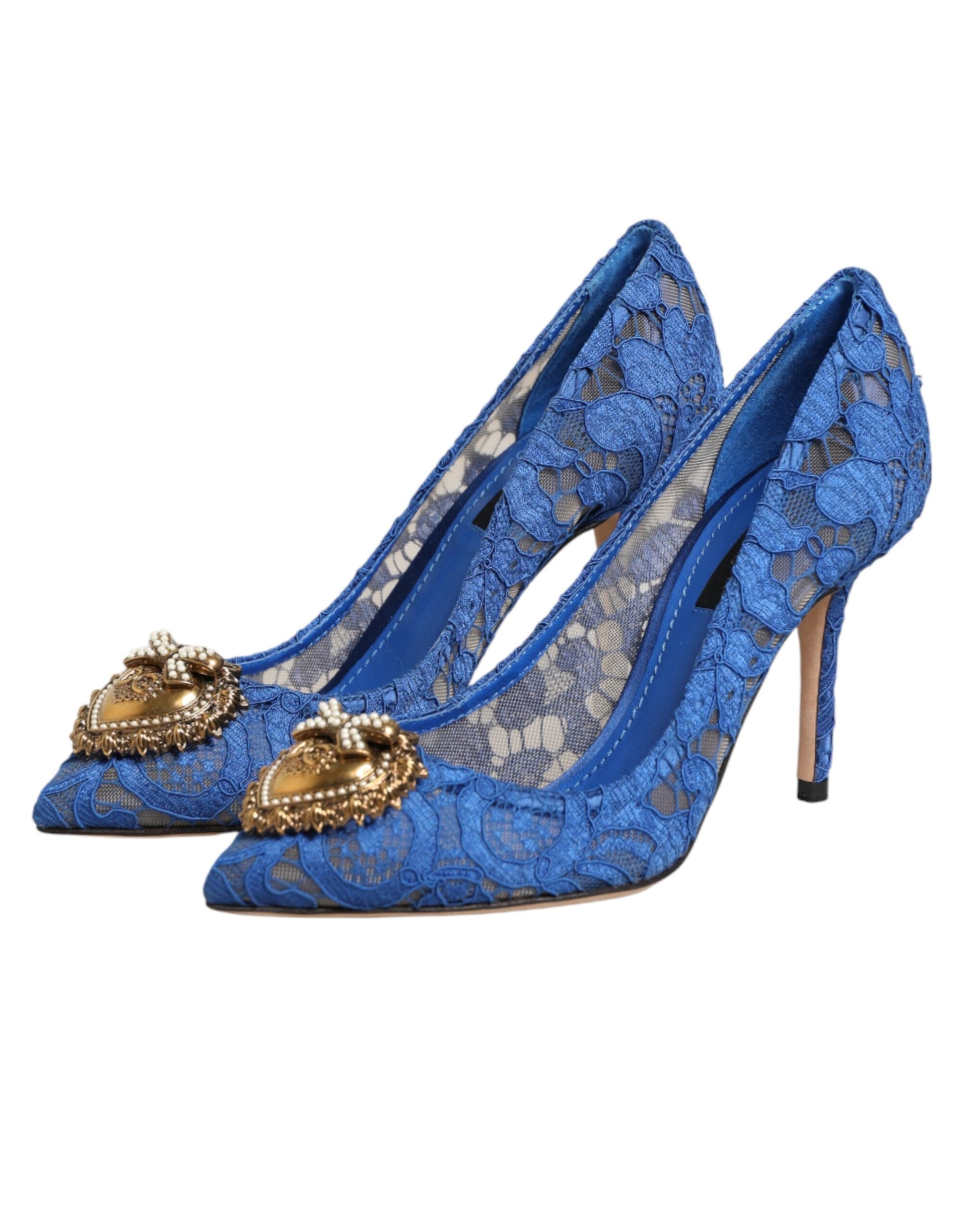 Blue lace high heel shoes with gold accents