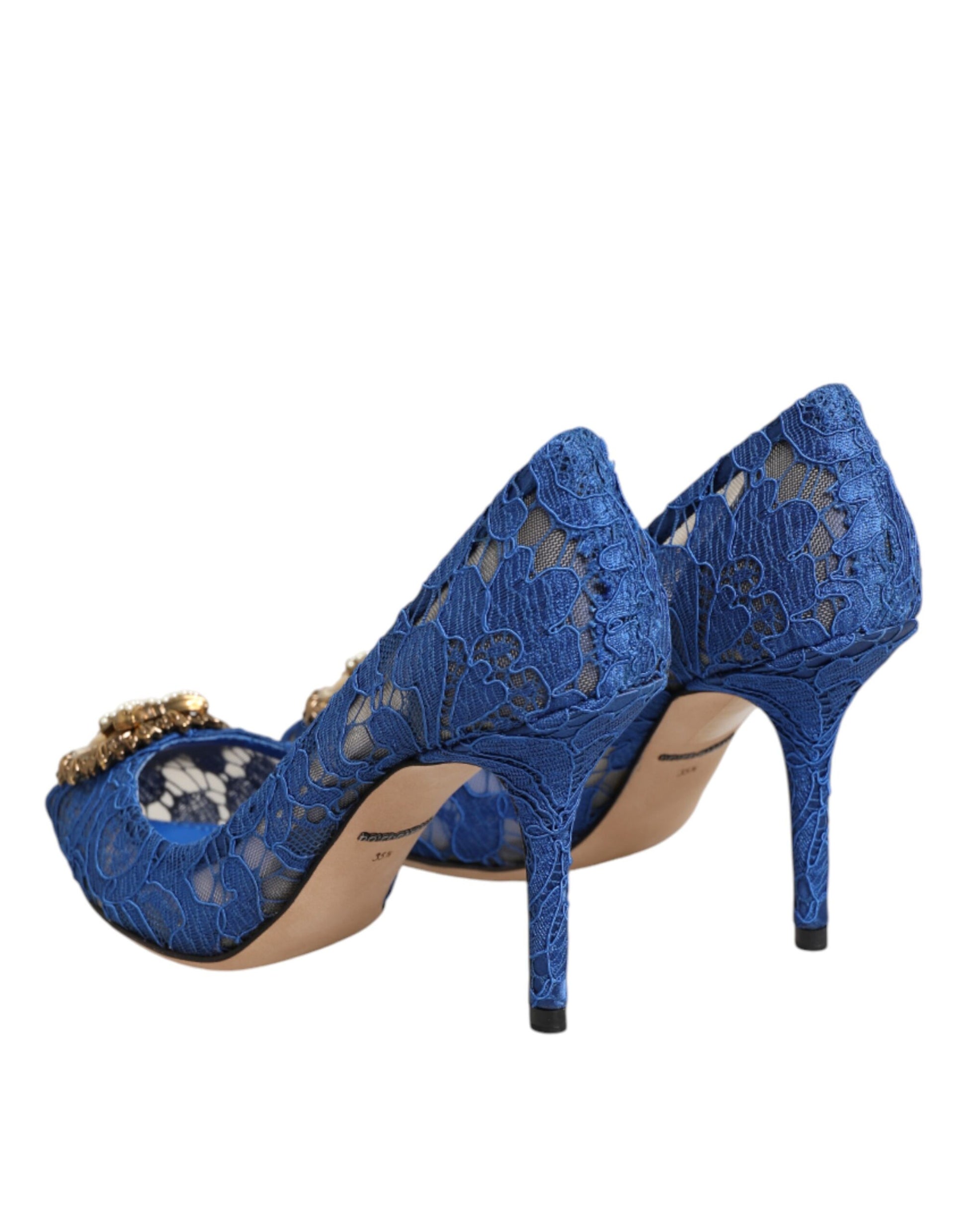 Blue high heel shoes with embroidery on top