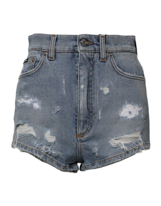 Blue denim shorts with distressed design