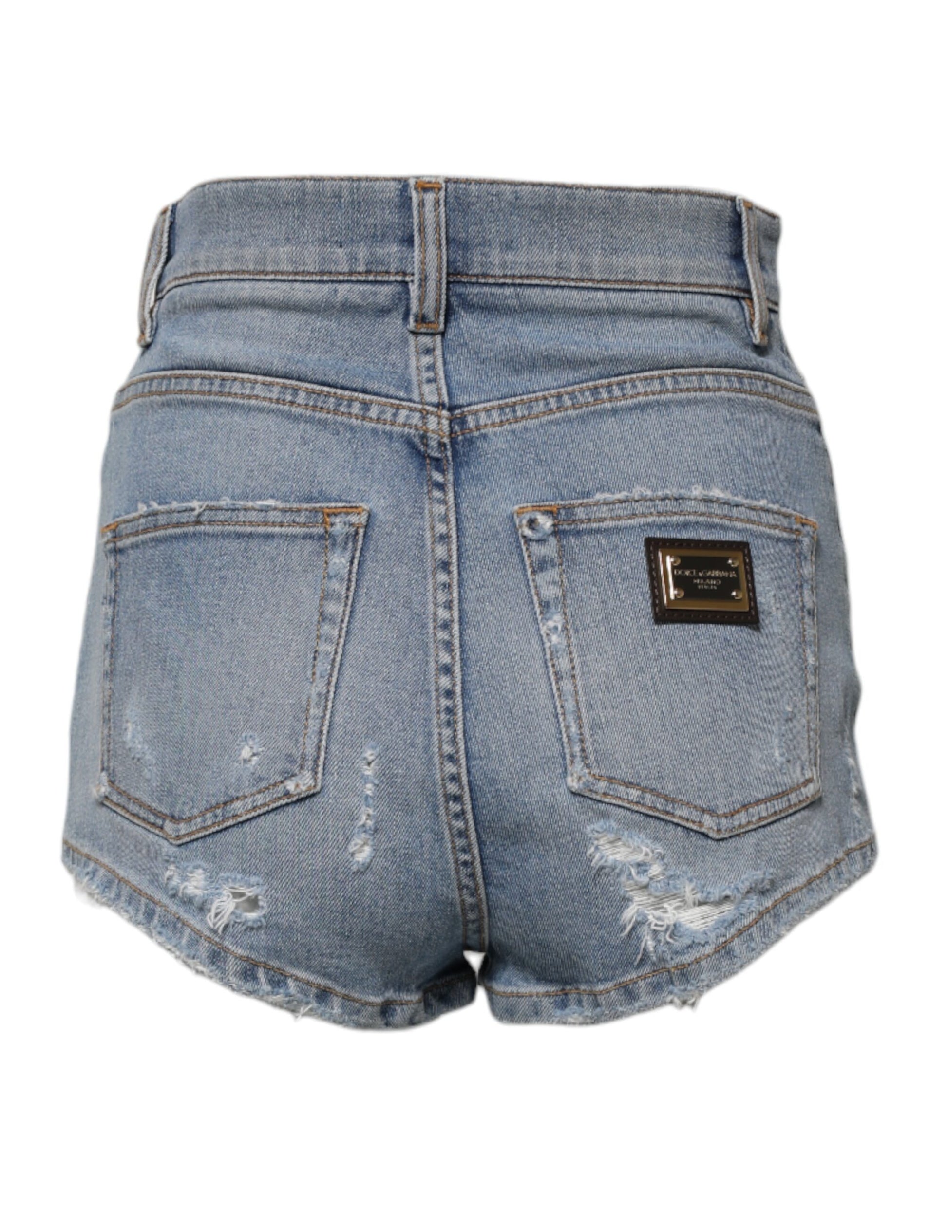Blue denim shorts with faded areas and a small pocket on the right side