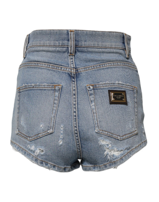 Blue denim shorts with faded areas and a small pocket on the right side