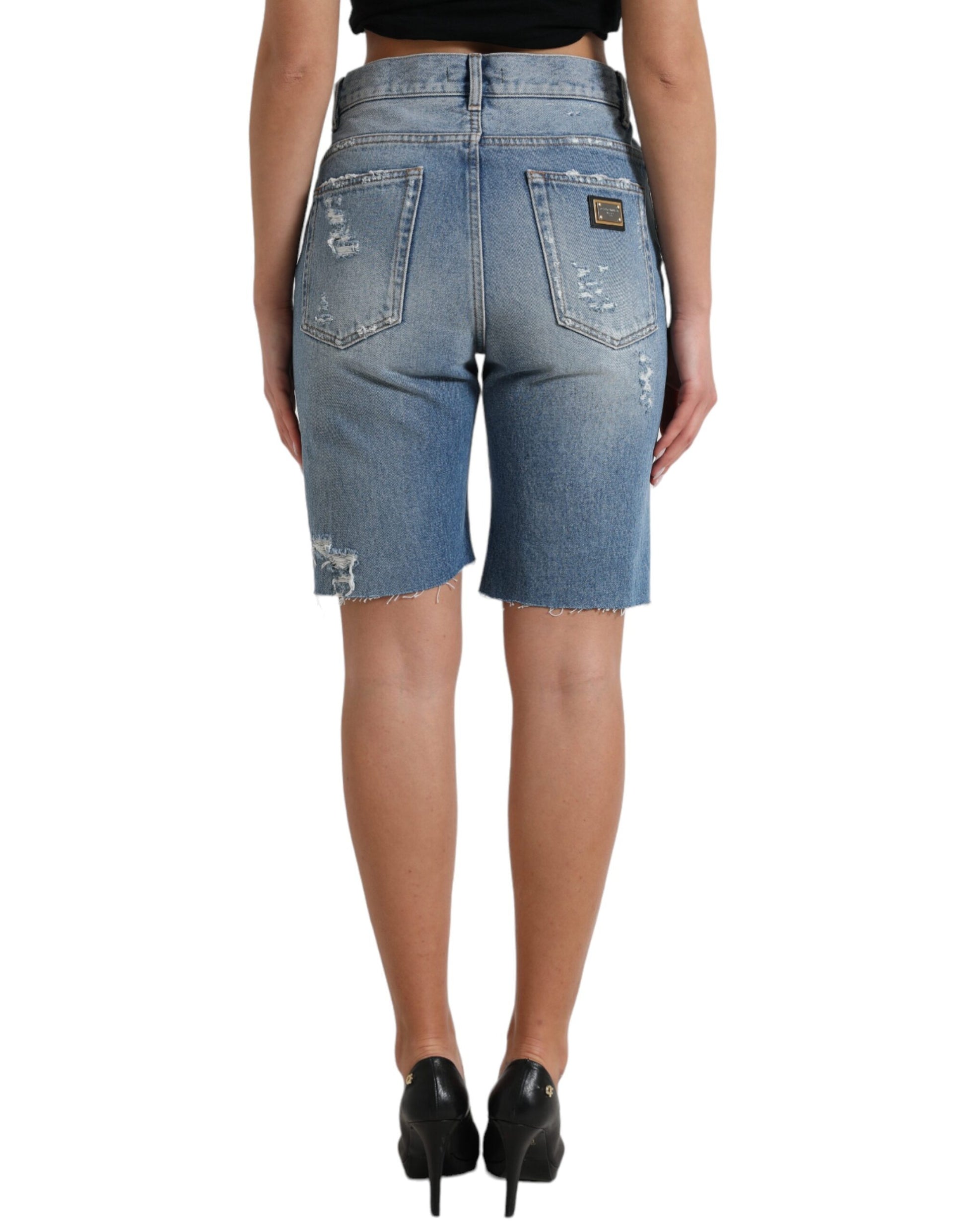 Pair of blue denim shorts on a mannequin