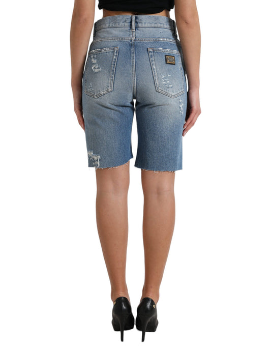 Pair of blue denim shorts on a mannequin