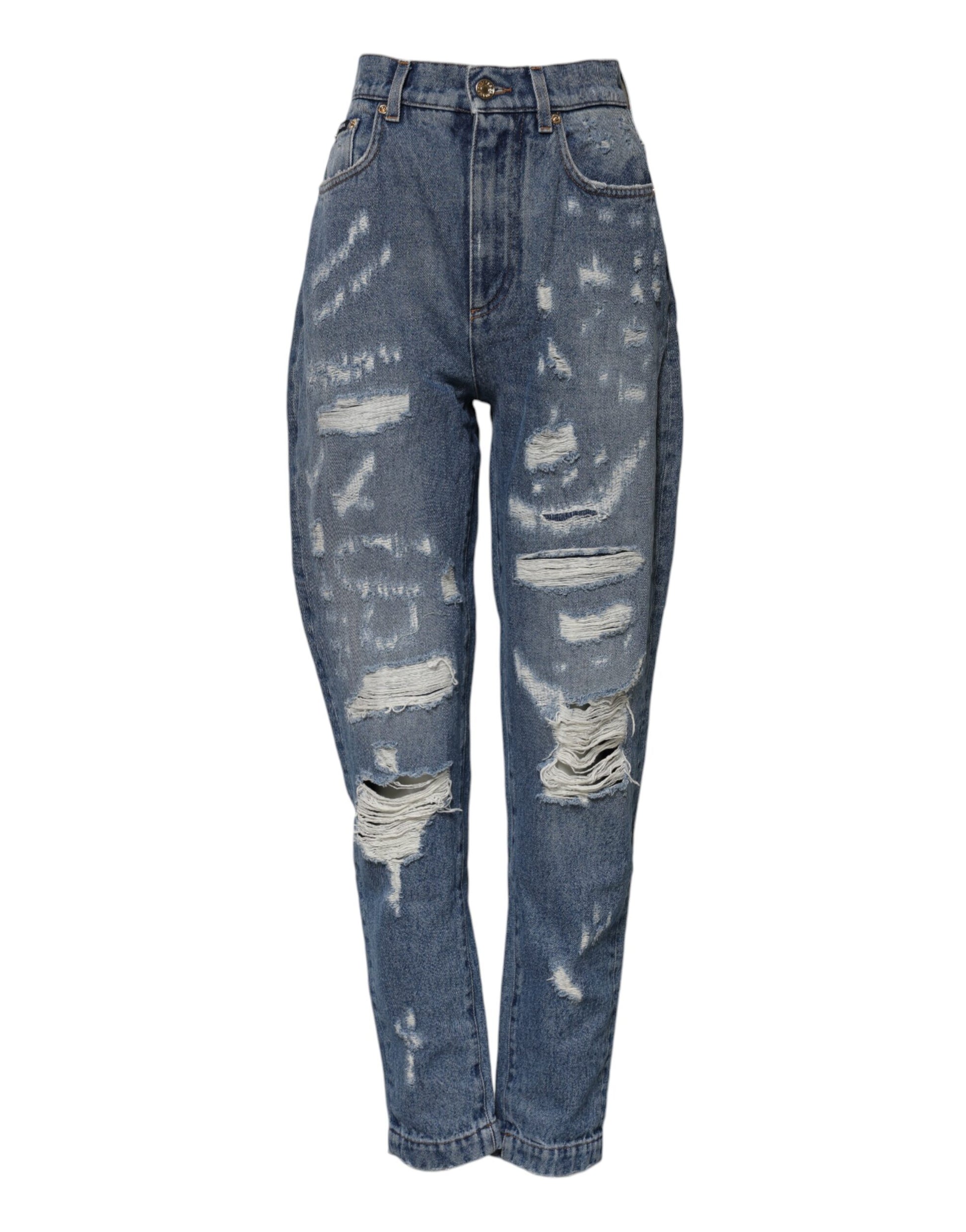 Blue denim jeans with distressed design