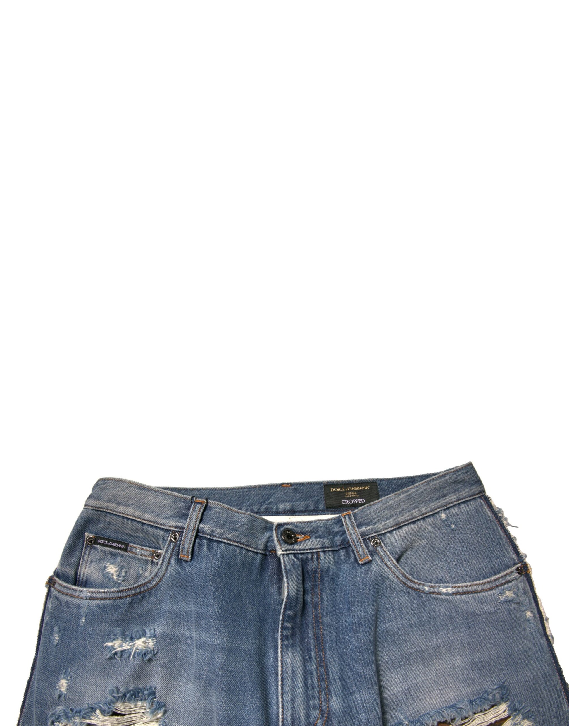 Blue denim shorts with distressed details