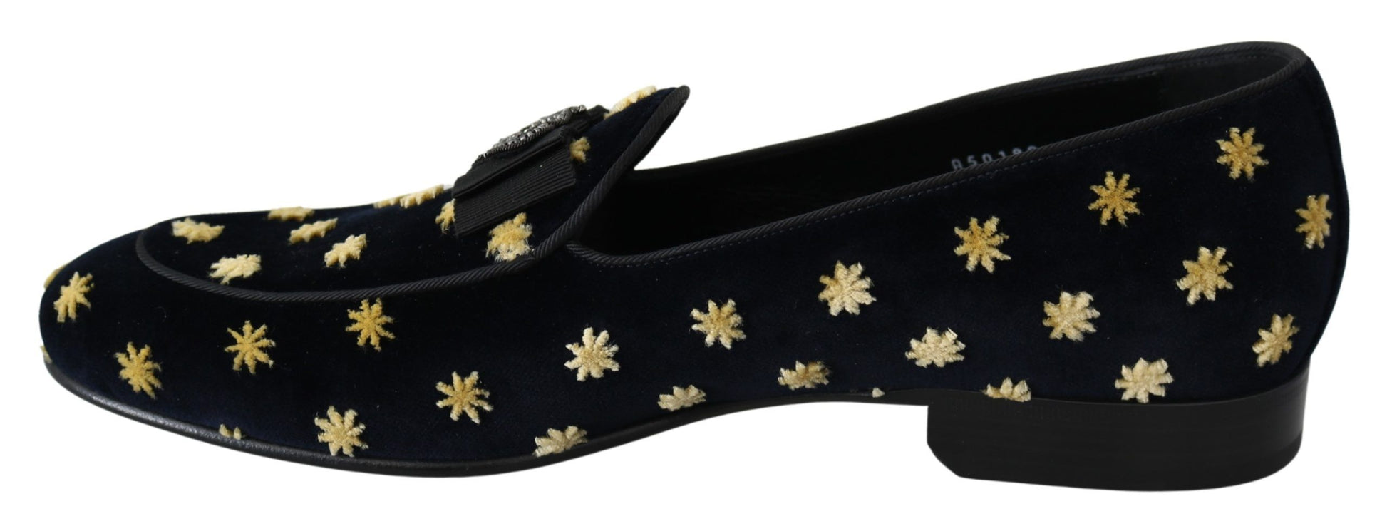 Pair of black velvet shoes with gold star embroidery