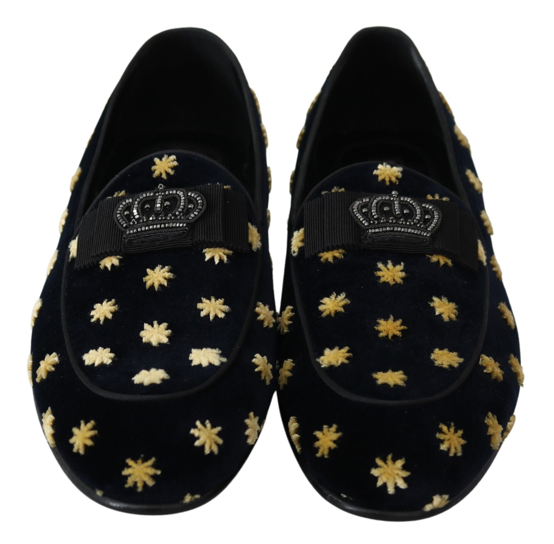 Pair of blue velvet slippers with gold star embroidery and black trim
