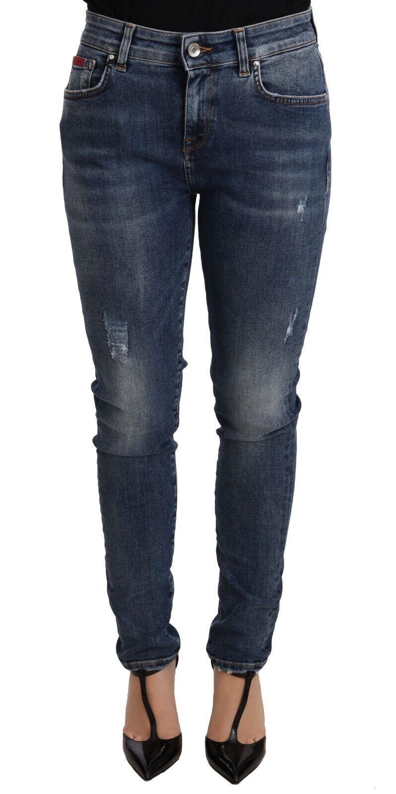 Pair of blue denim jeans with distressed design