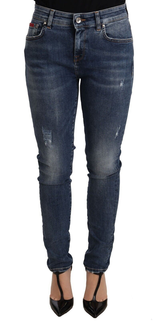 Pair of blue denim jeans with distressed design