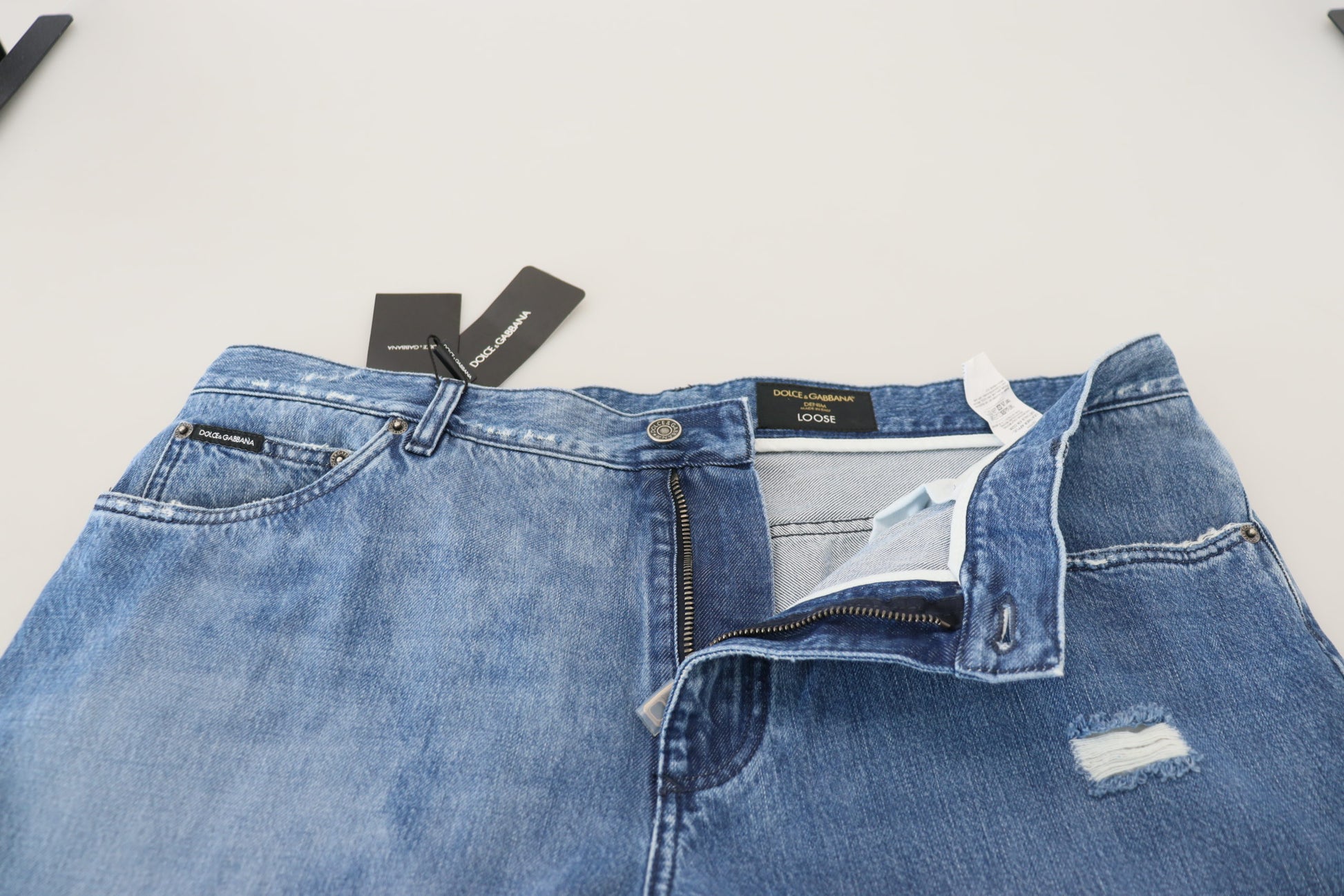 Blue denim jeans on display