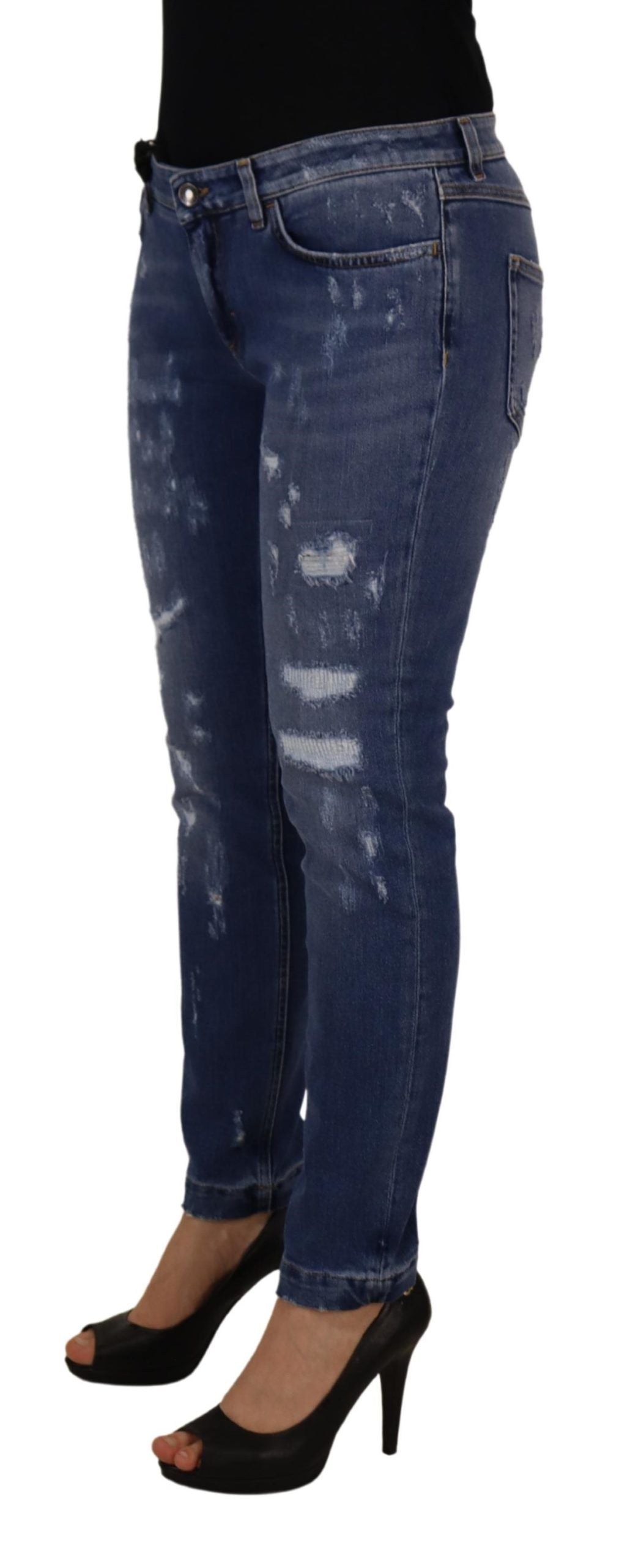 Blue denim jeans with distressed details