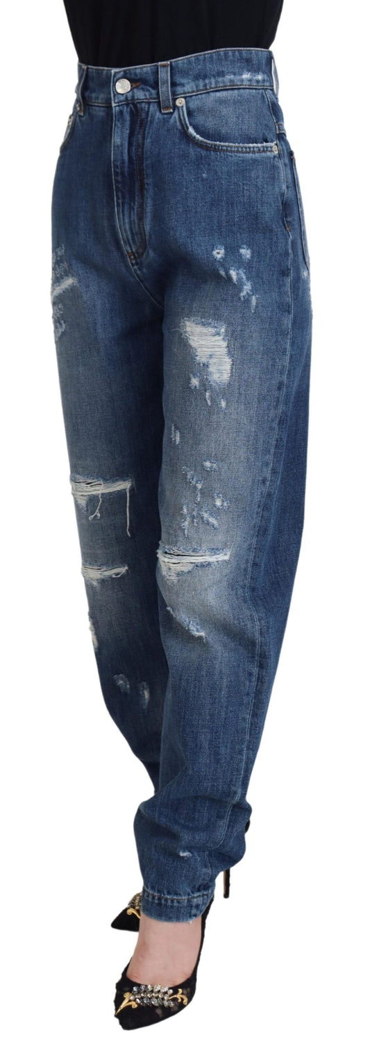 Pair of blue denim jeans with distressed details