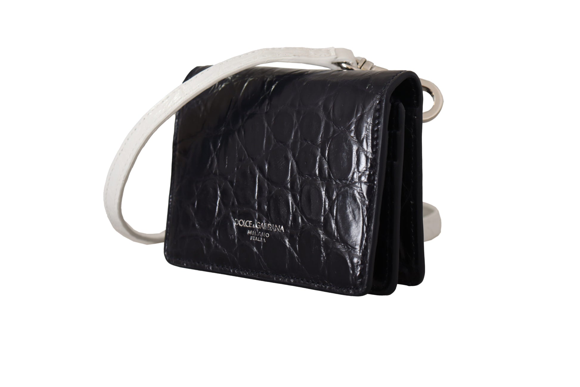 Black leather handbag with white strap