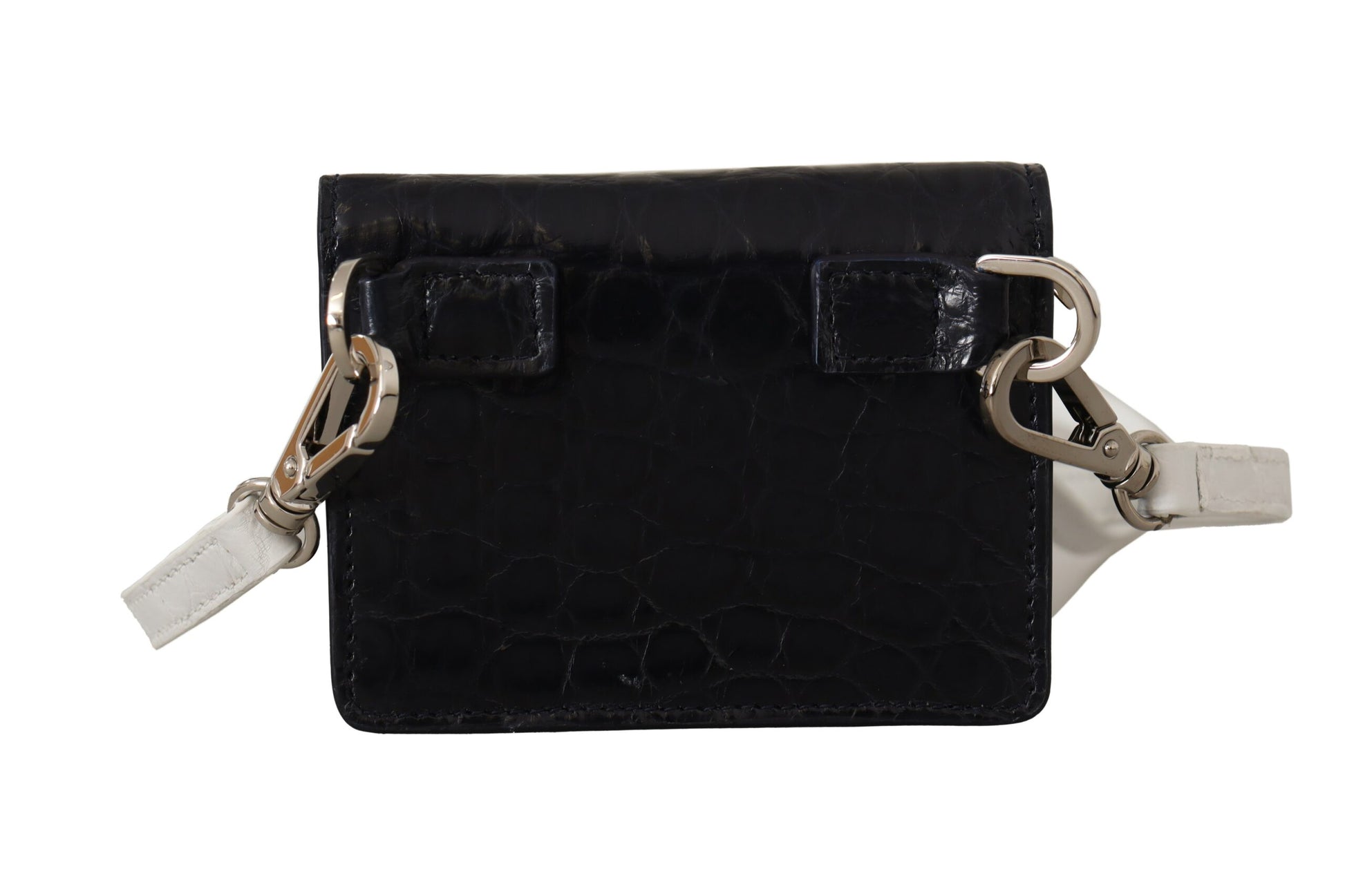 Black leather wallet with silver zipper pulls and chain strap