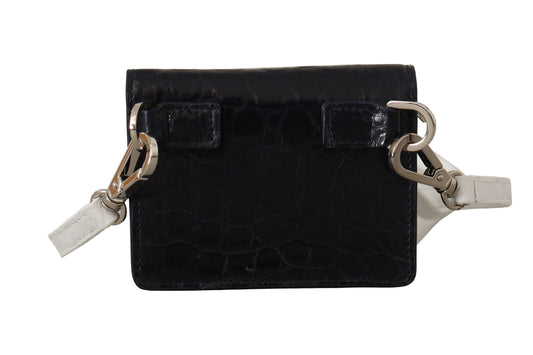 Black leather wallet with silver zipper pulls and chain strap