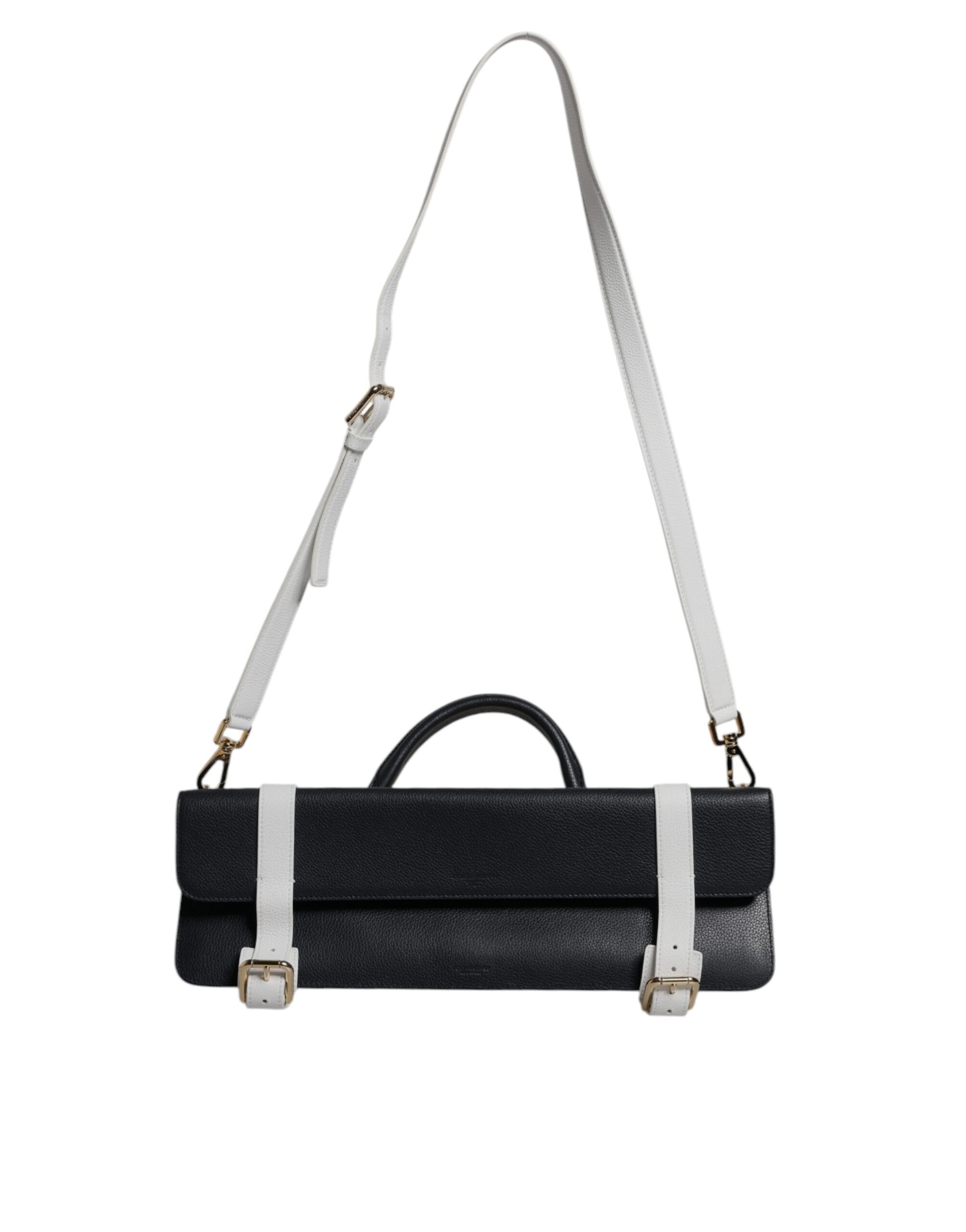 A black crossbody bag with white straps