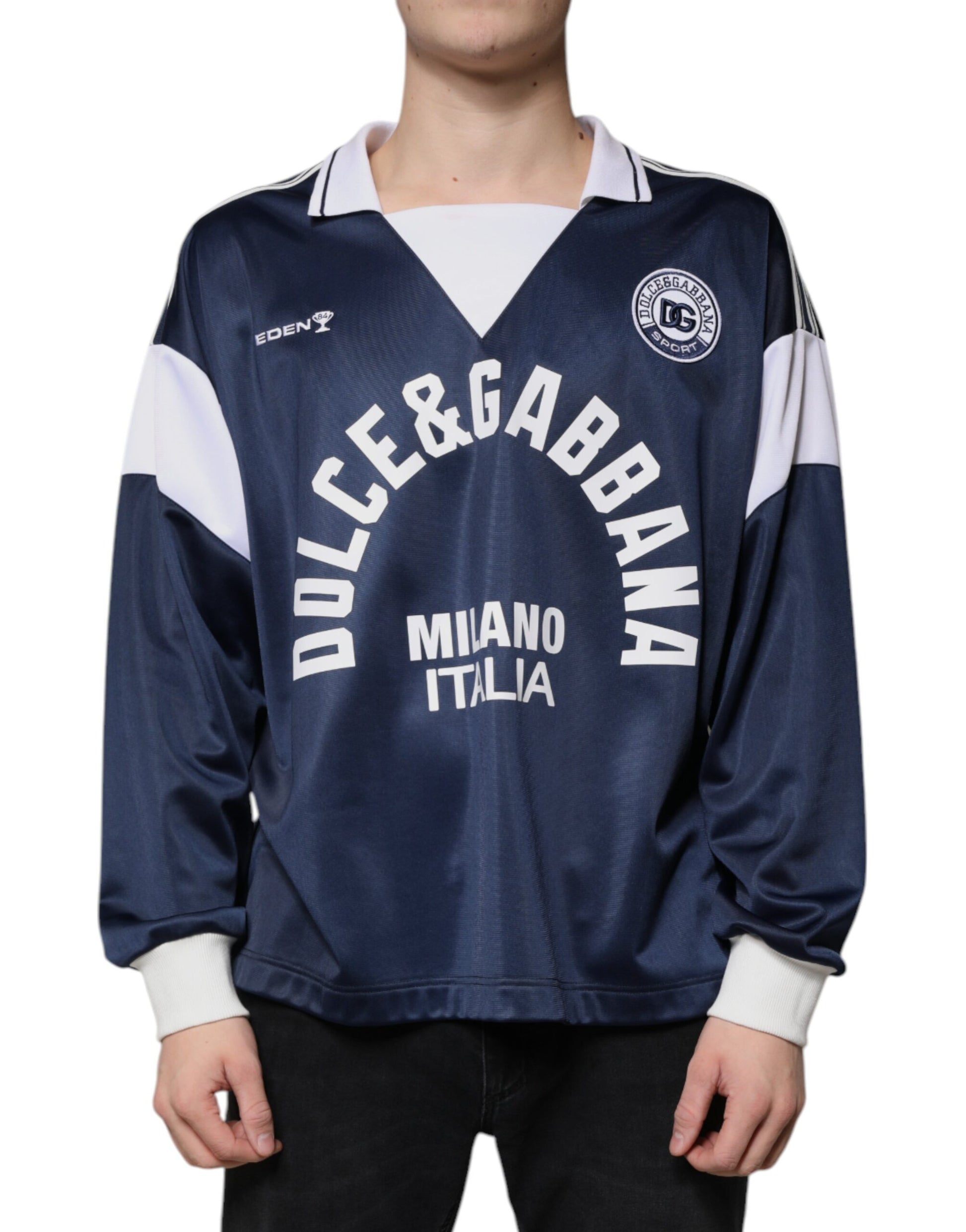 Blue jersey with white lettering