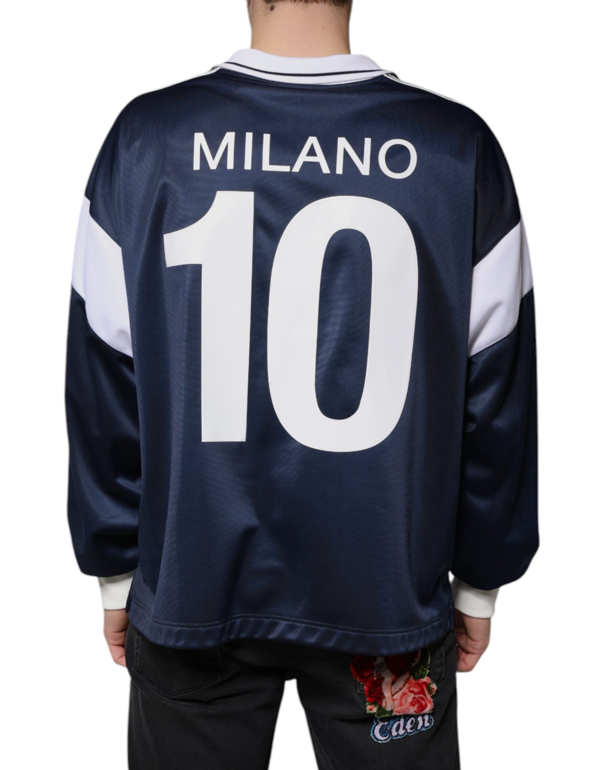 Blue jersey with white stripe on sleeve and number 10 in white