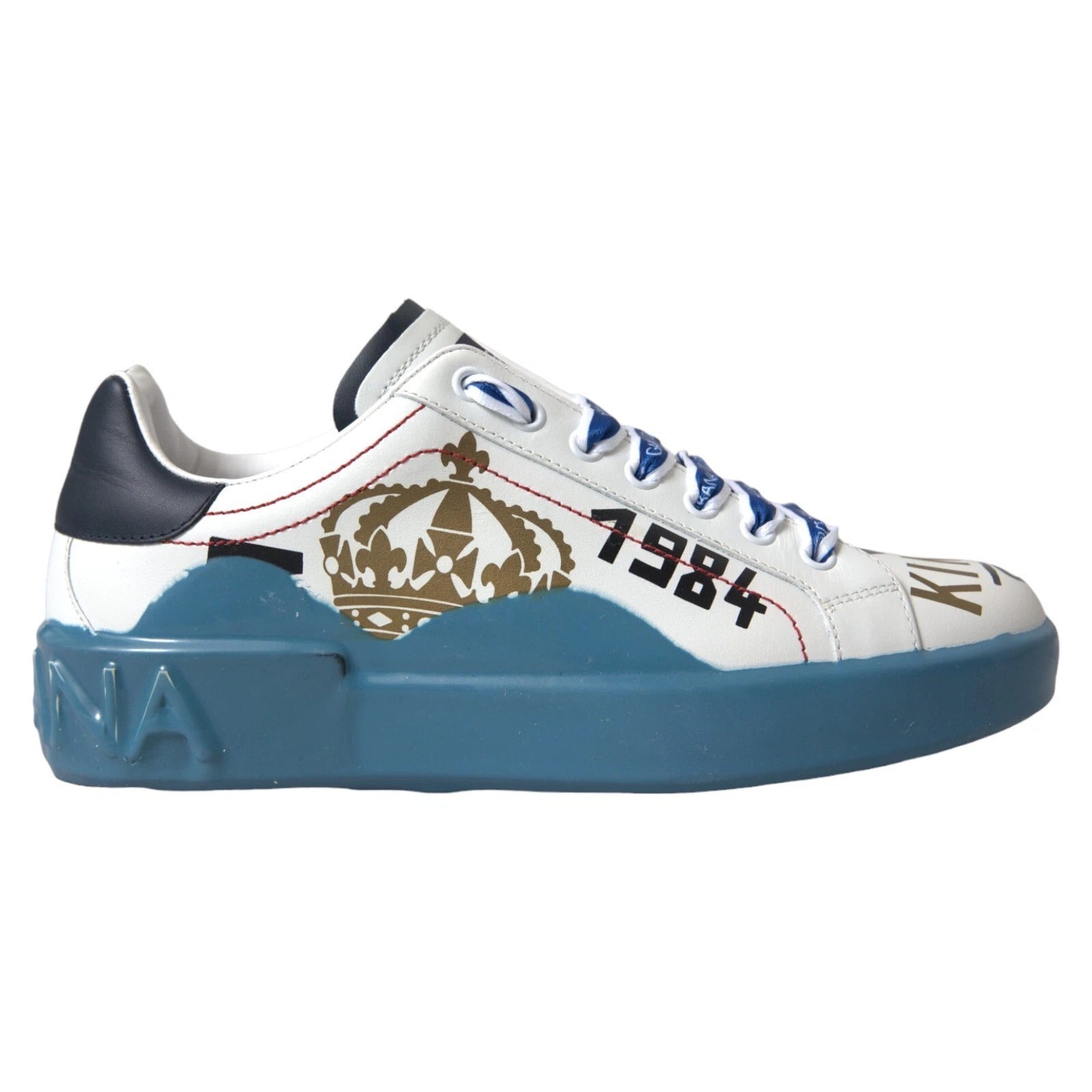 Blue sneaker with white sole and heel
