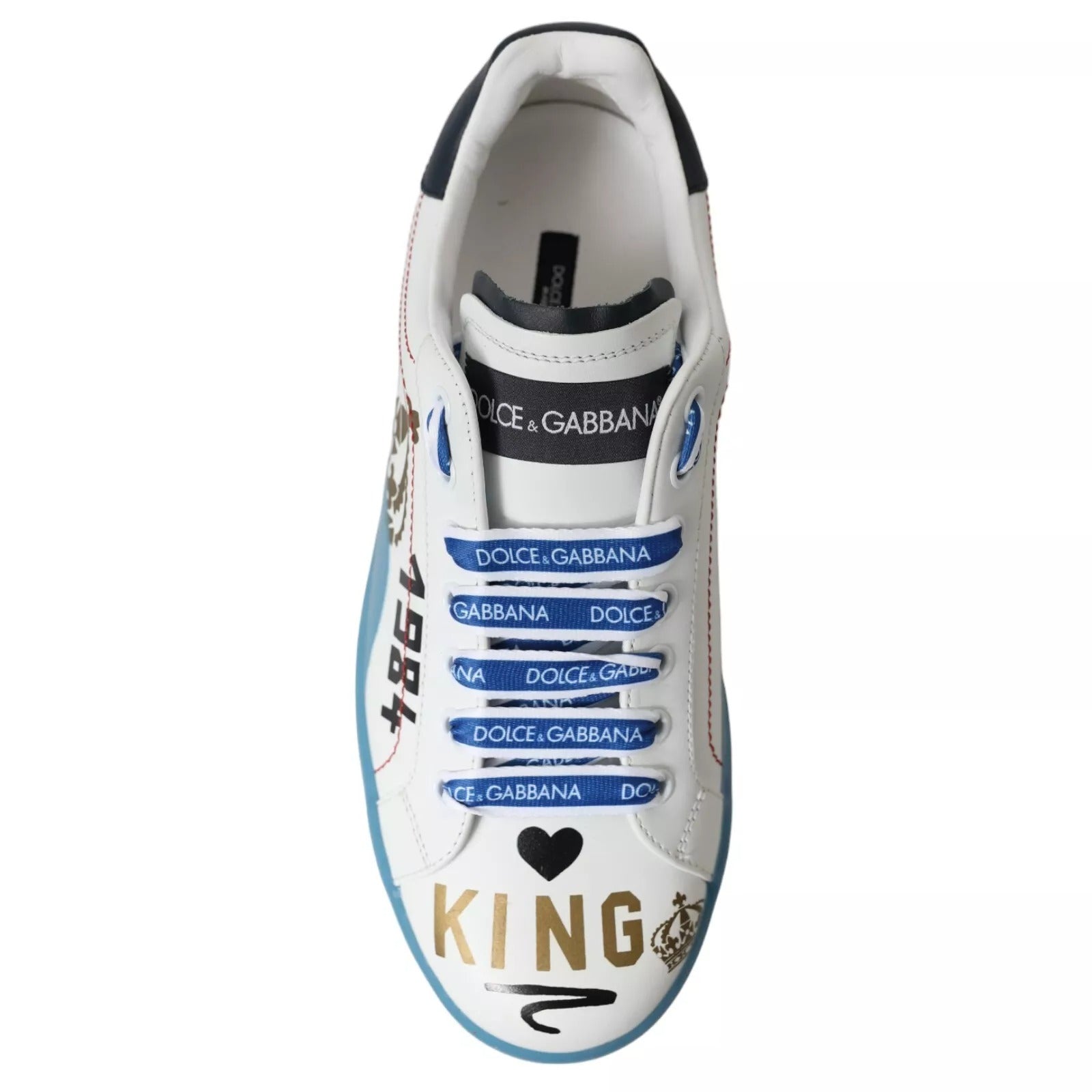 White sneaker with blue laces and brand logos on side