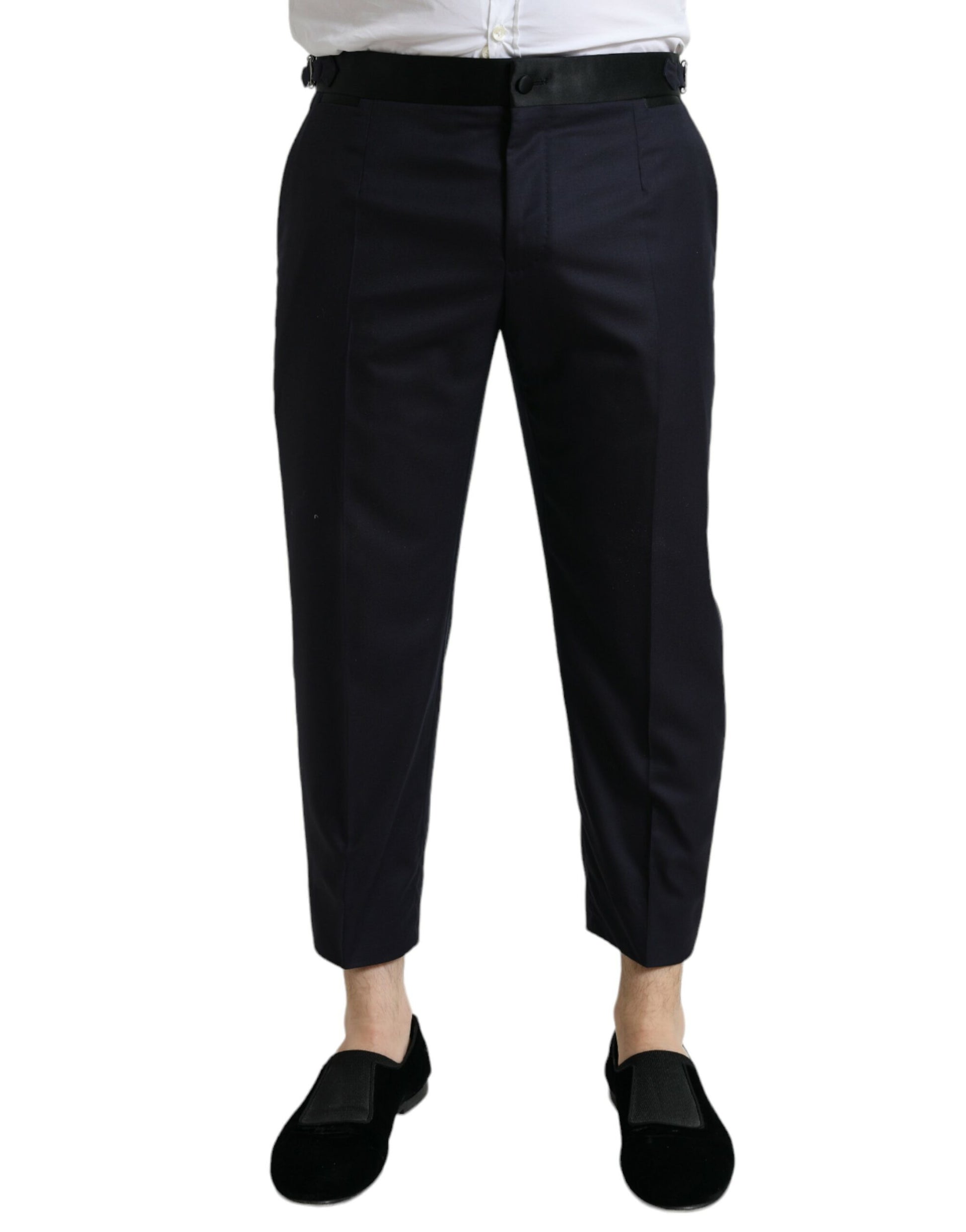 Pair of black dress pants with a crease down the front