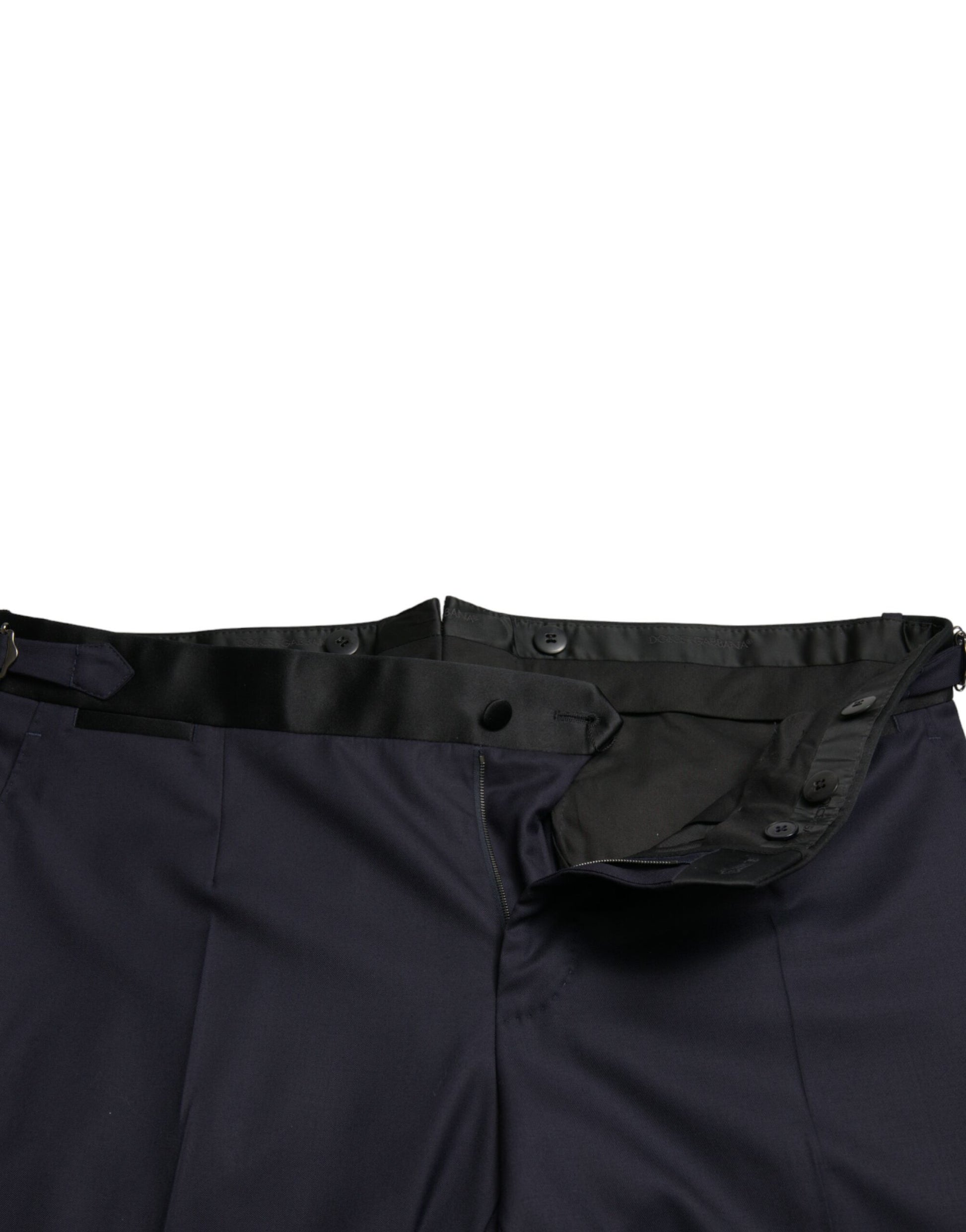 Pair of dark blue dress pants with a zipper fly