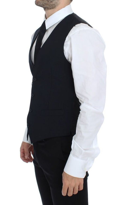 A mannequin wearing a blue wool vest gilet, part of a formal dress