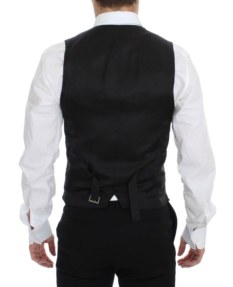 Men's formal vest, black and blue wool, double-breasted, lapel collar, waist belt with buckle