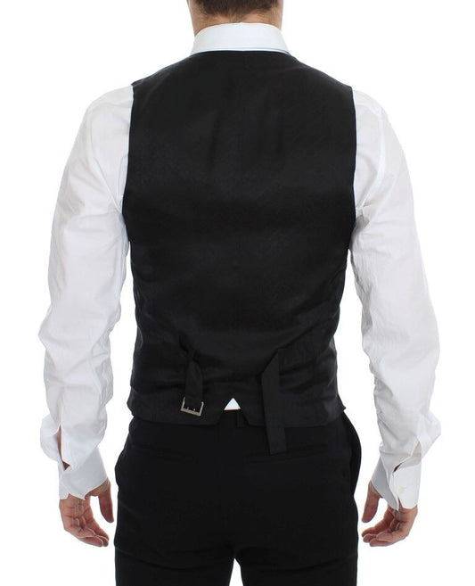 Men's formal vest, black and blue wool, double-breasted, lapel collar, waist belt with buckle