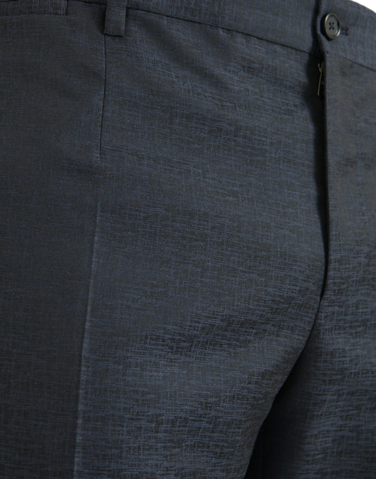 A pair of men's skinny dress pants in blue wool fabric. They feature a textured pattern and are designed with