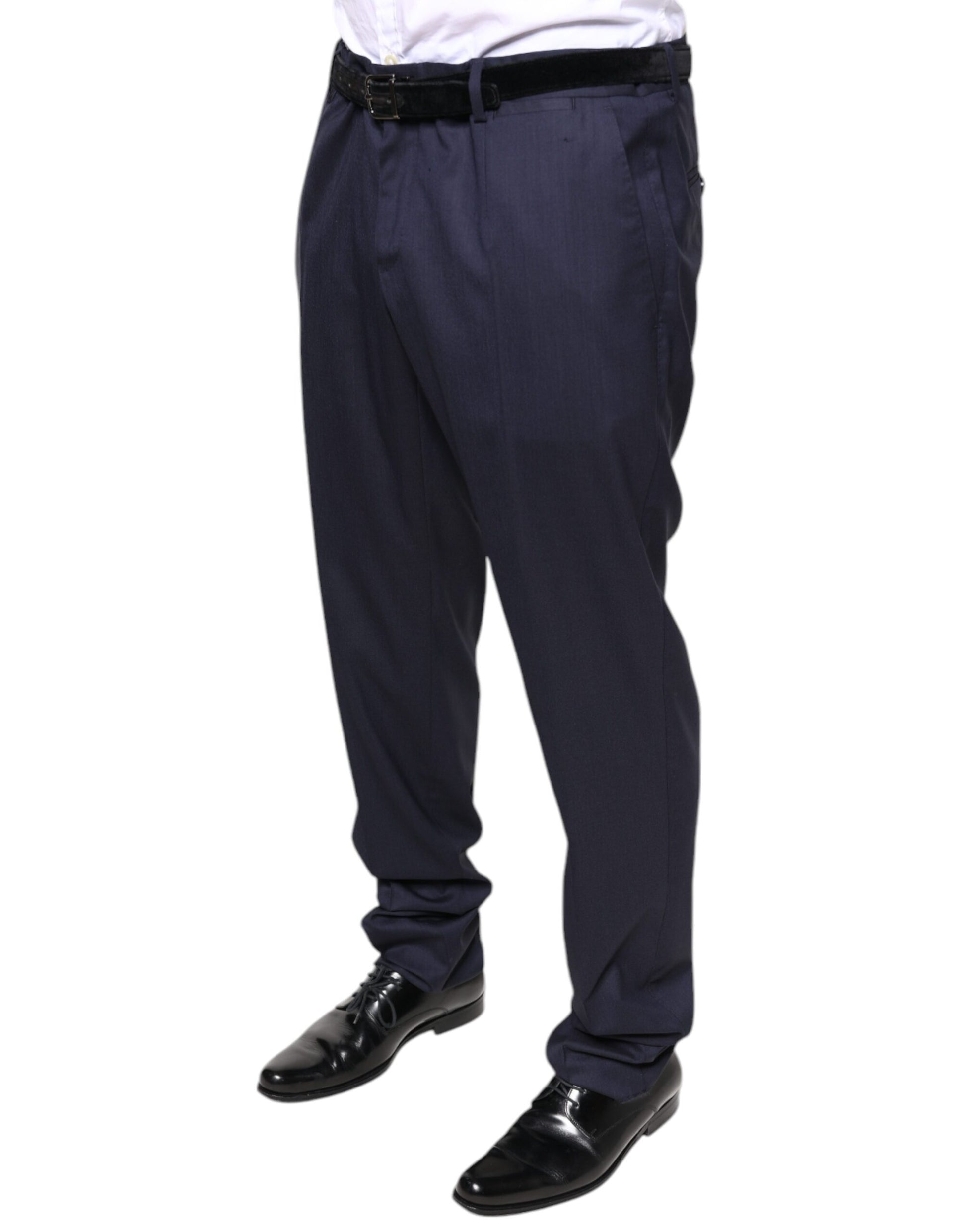 Men's formal dress pants in blue wool, featuring a skinny fit and a belt loop