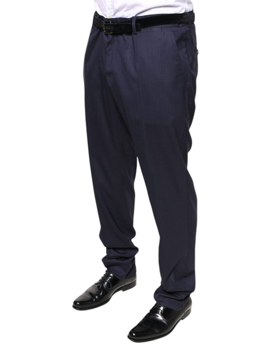 Men's formal dress pants in blue wool, featuring a skinny fit and a belt loop