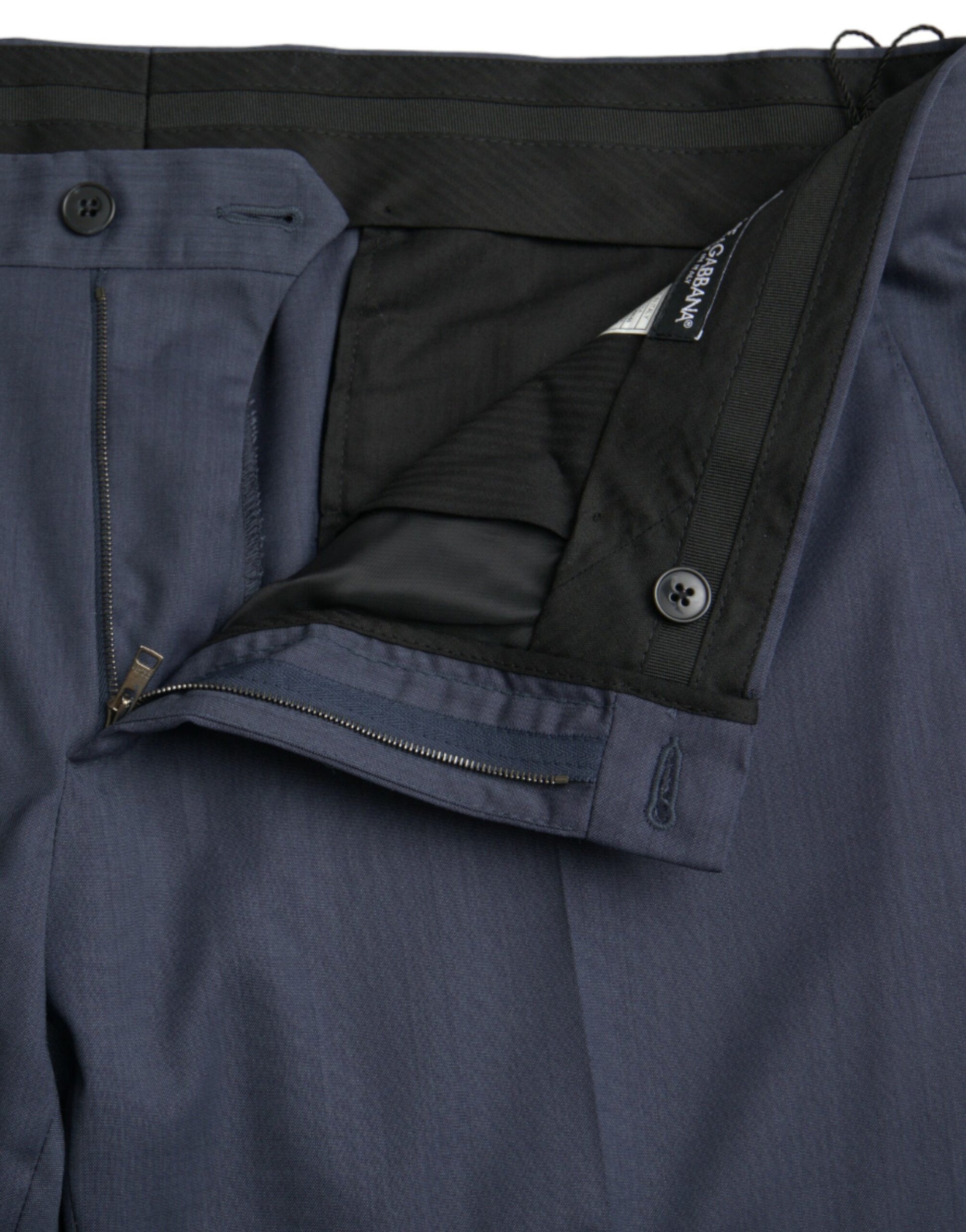 Navy blue wool dress pants with slim fit, zippered front pockets and waistband