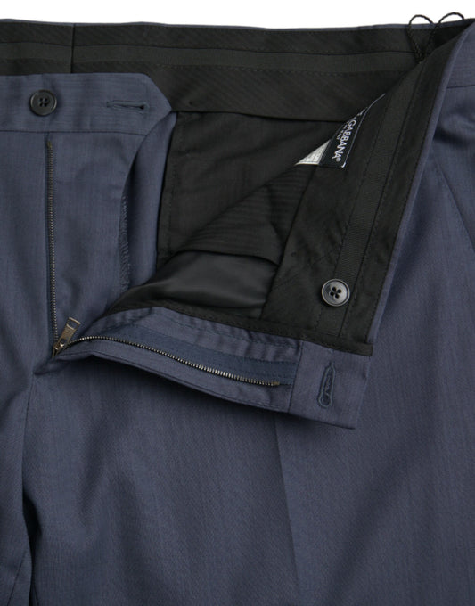 Navy blue wool dress pants with slim fit, zippered front pockets and waistband