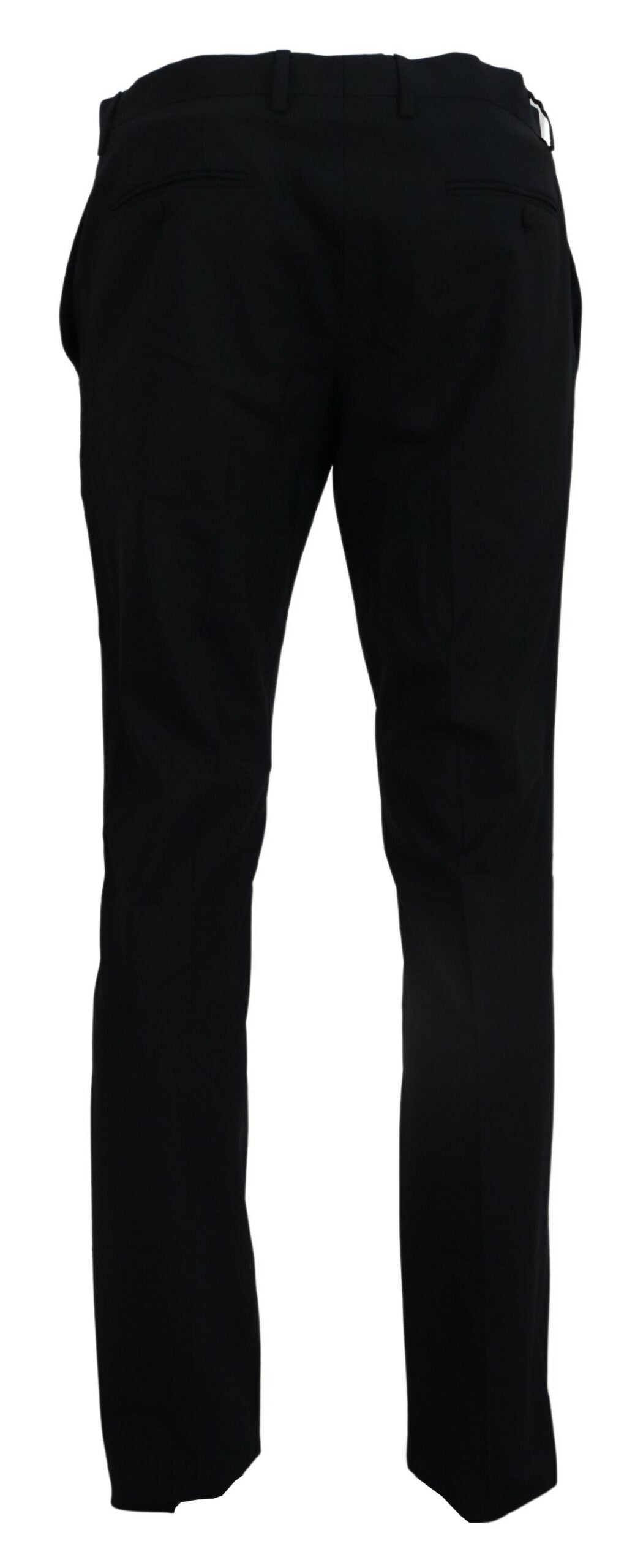 A pair of black wool stretch dress pants with a slim fit