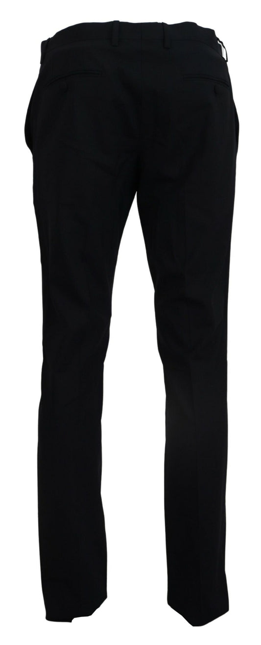 A pair of black wool stretch dress pants with a slim fit