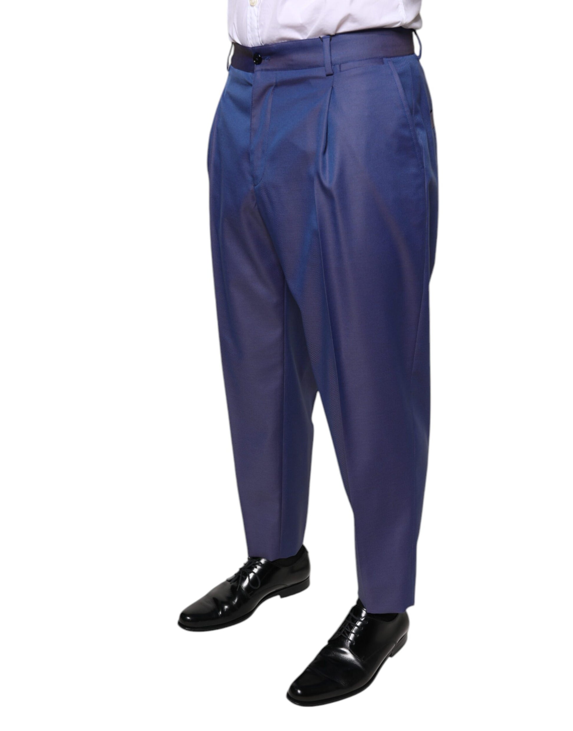 Men's blue wool tapered dress pants with a slim fit, featuring a waistband and belt loops