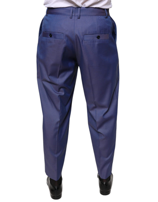 Men's blue wool dress pants with tapered legs and two front pockets