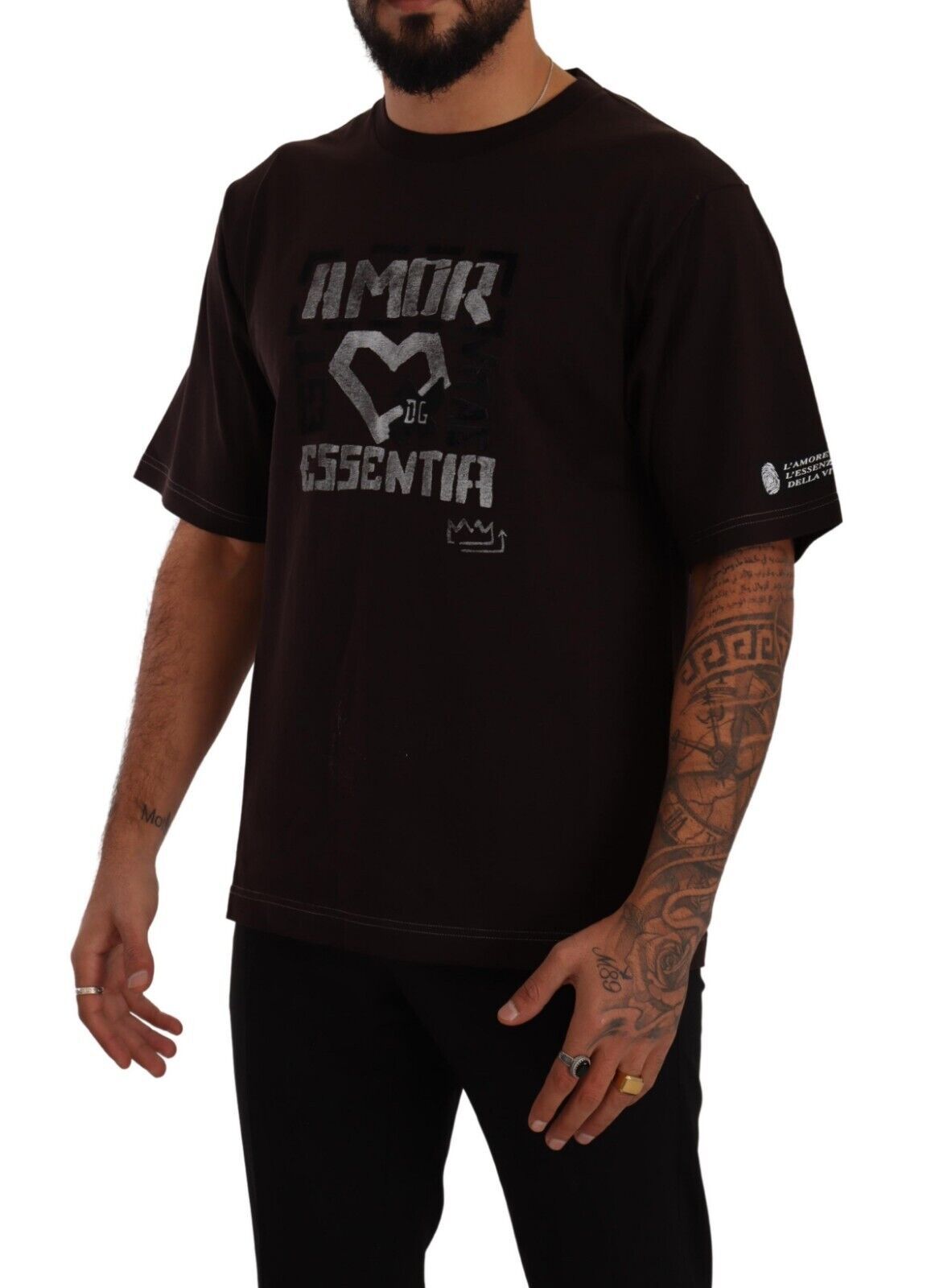 Man wearing black t-shirt with white lettering