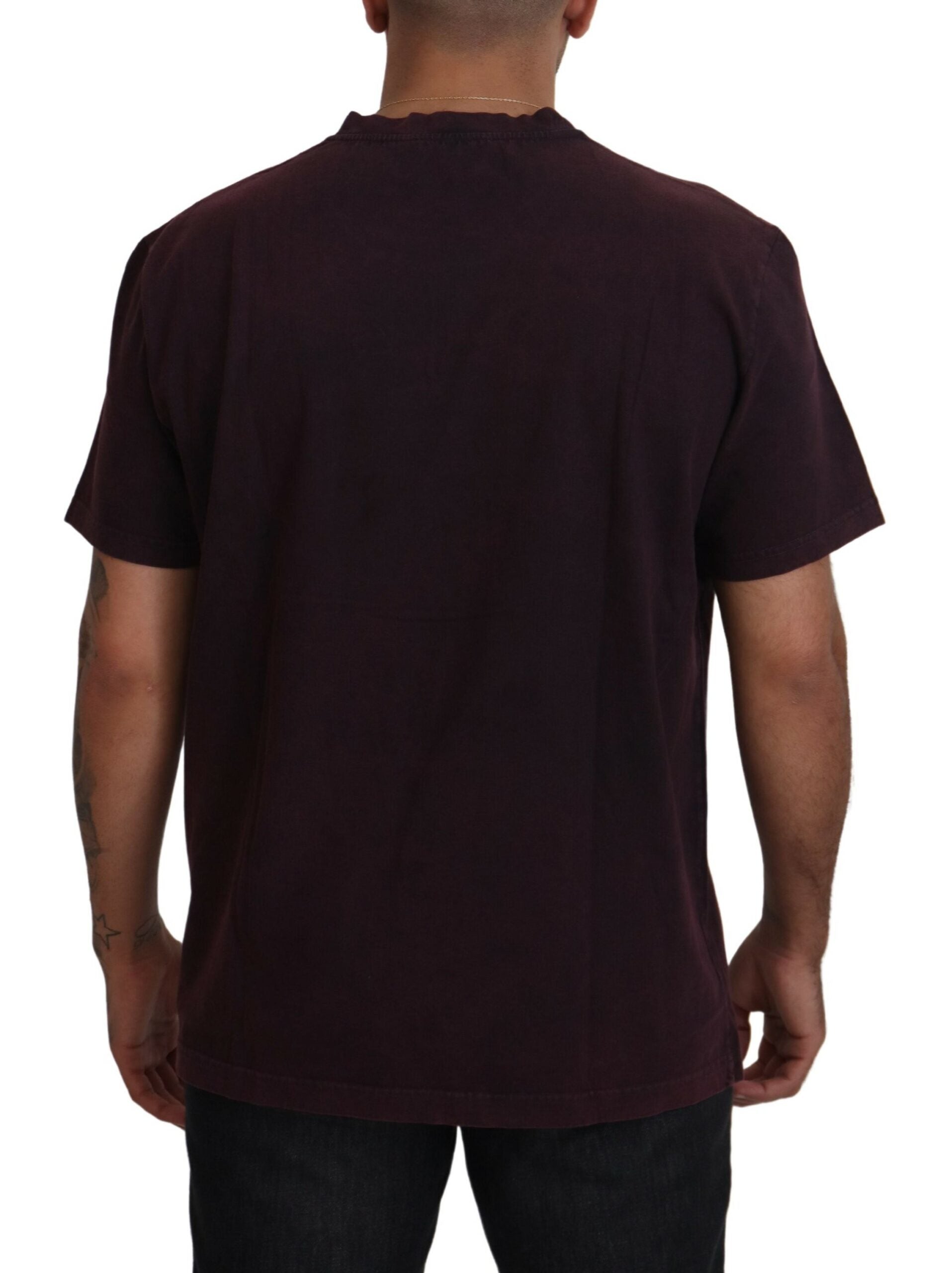 Man wearing dark red t-shirt