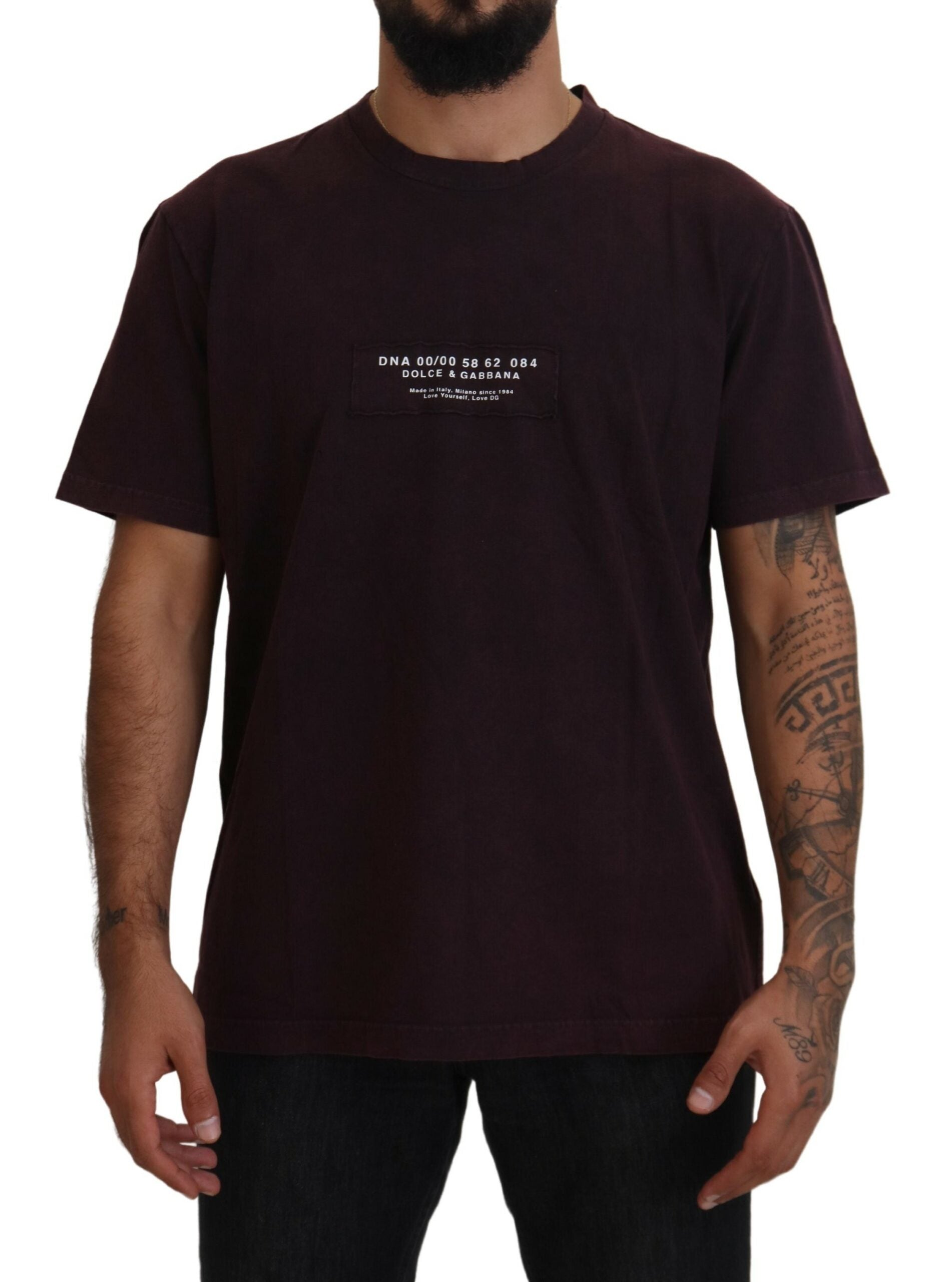 Man wearing dark t-shirt with white print