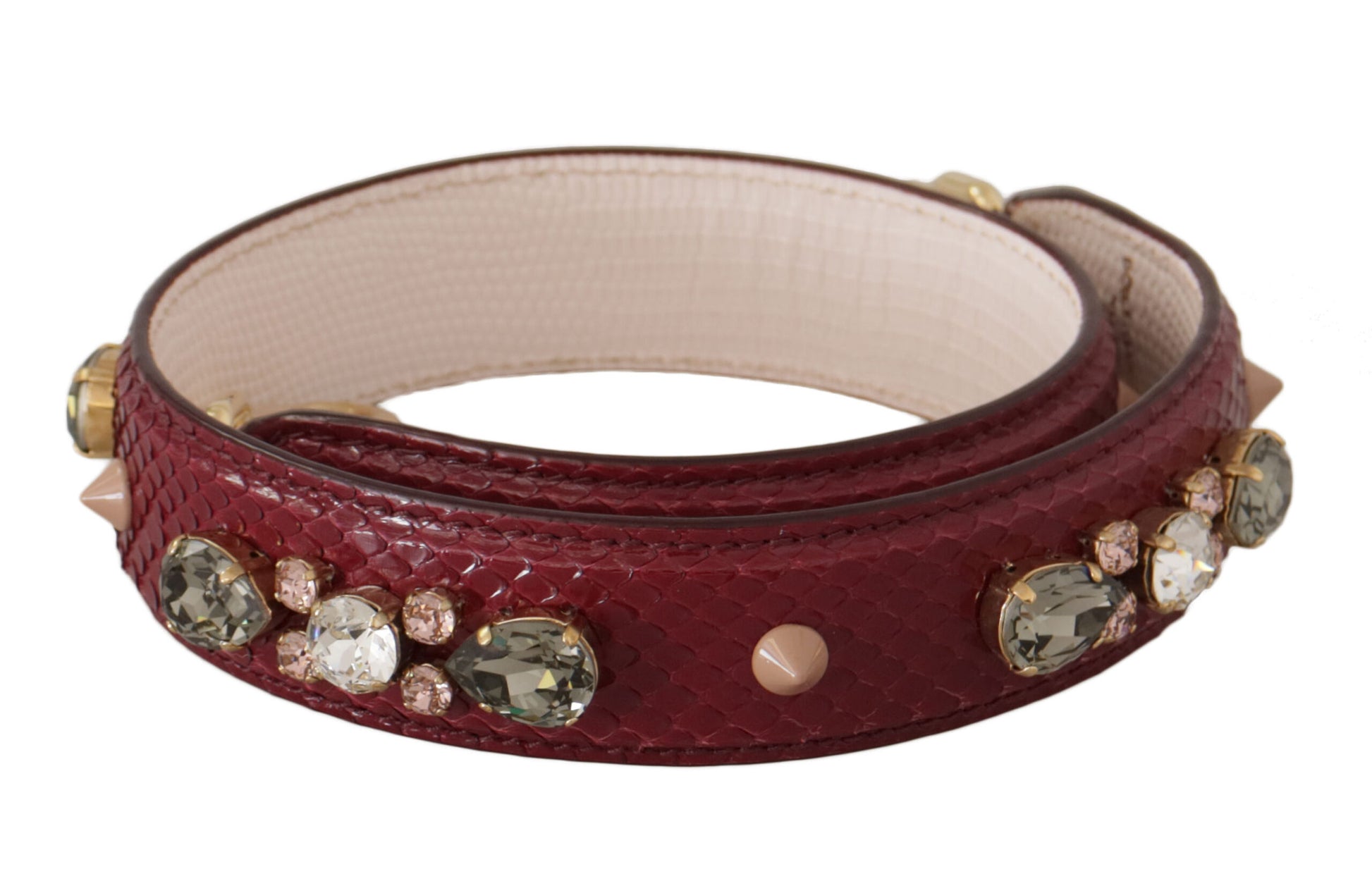 Two bracelets with red snakeskin texture and gold accents