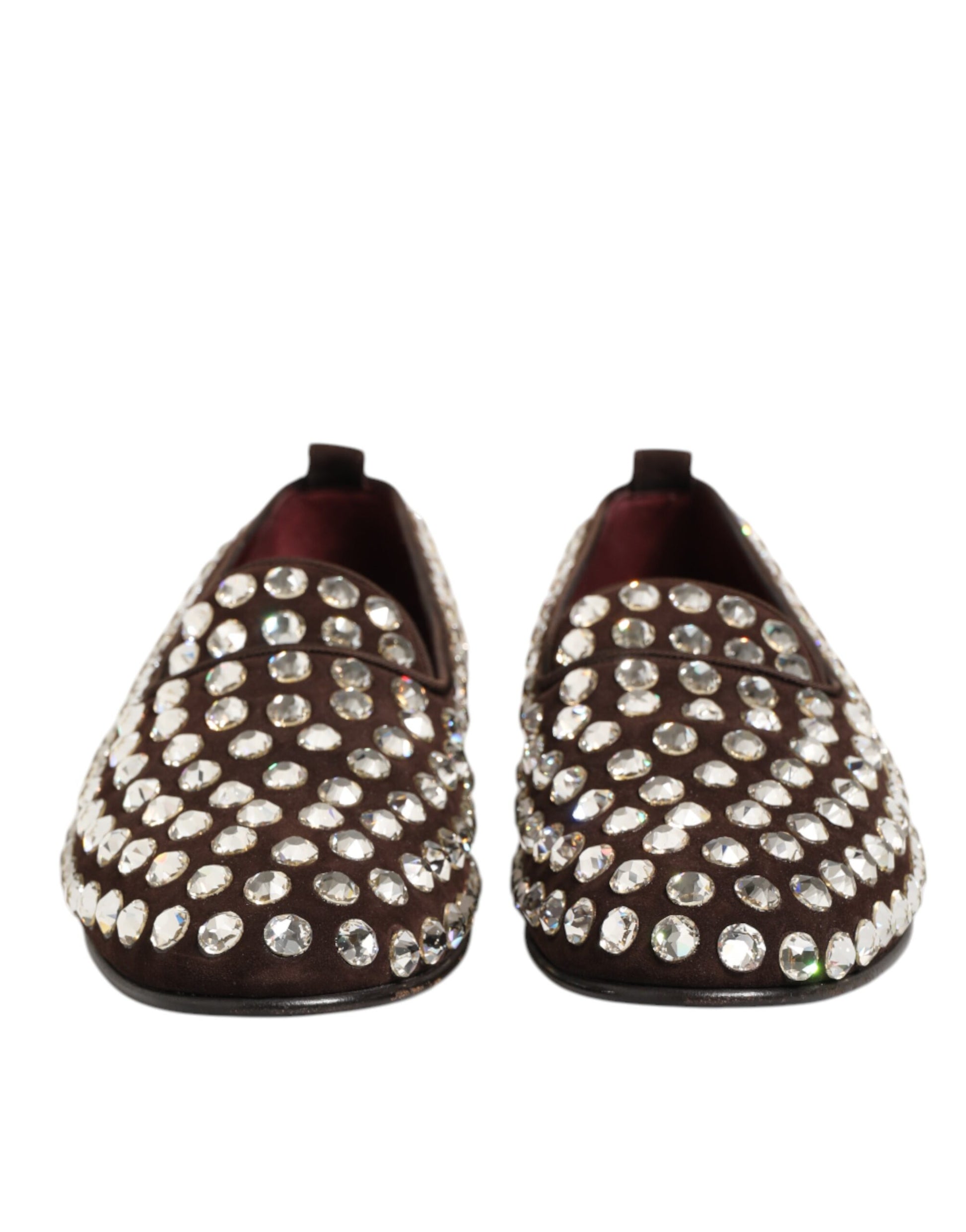 Pair of brown suede loafers with crystal embellishments